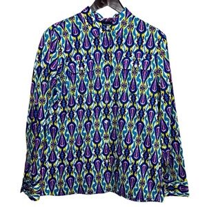 Jones New York Ikat Print Long Sleeve Roll Tab Multicolored Shirt Size M